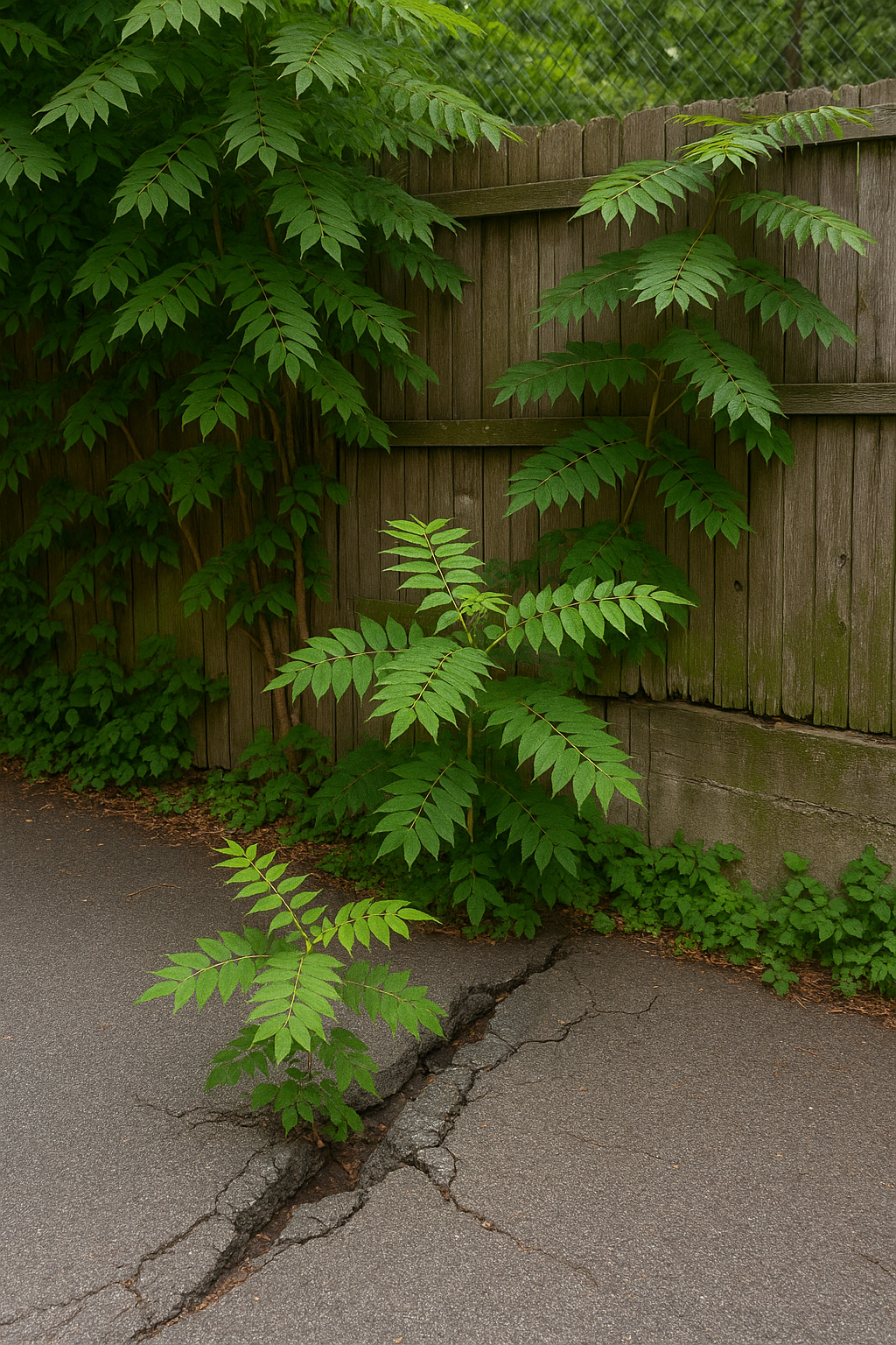Tree of Heaven breaking pavement and fence